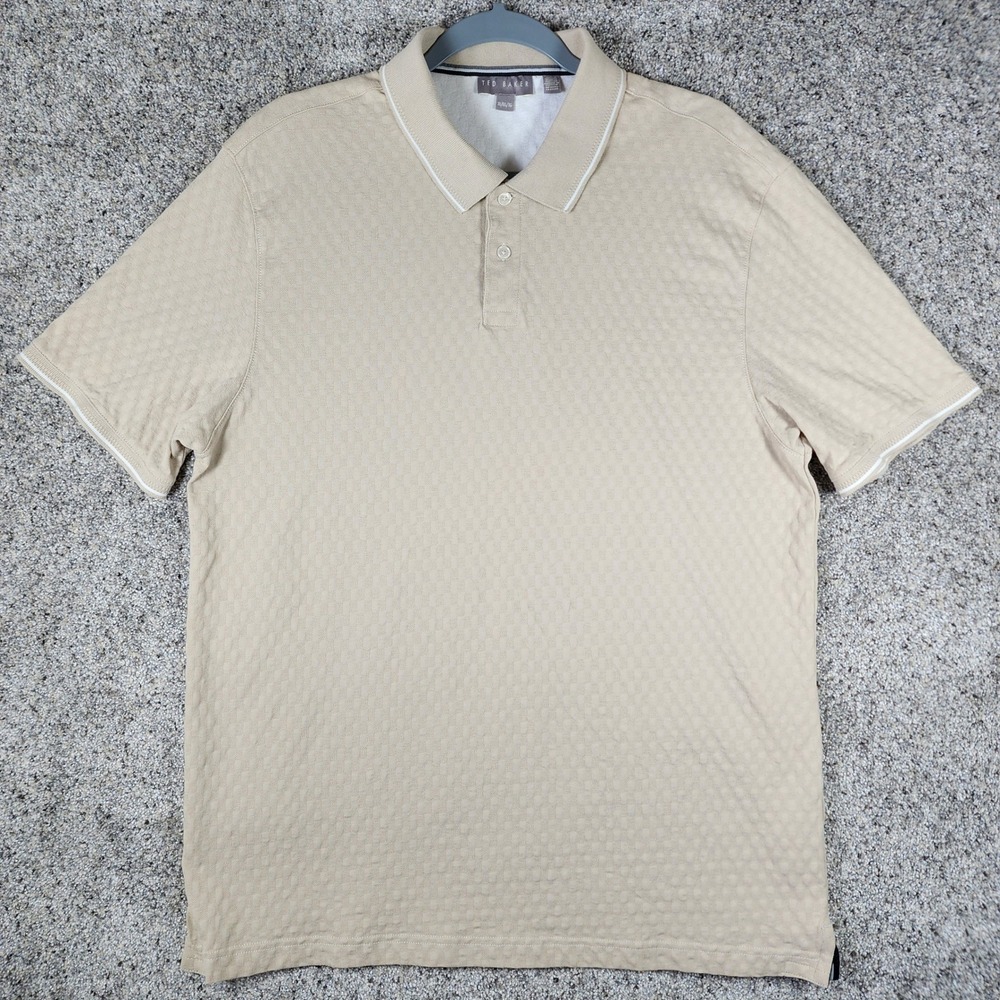 Ted Baker Polo Shirt Mens XL Tan Beige Textured Checkerboard Cotton Excellent